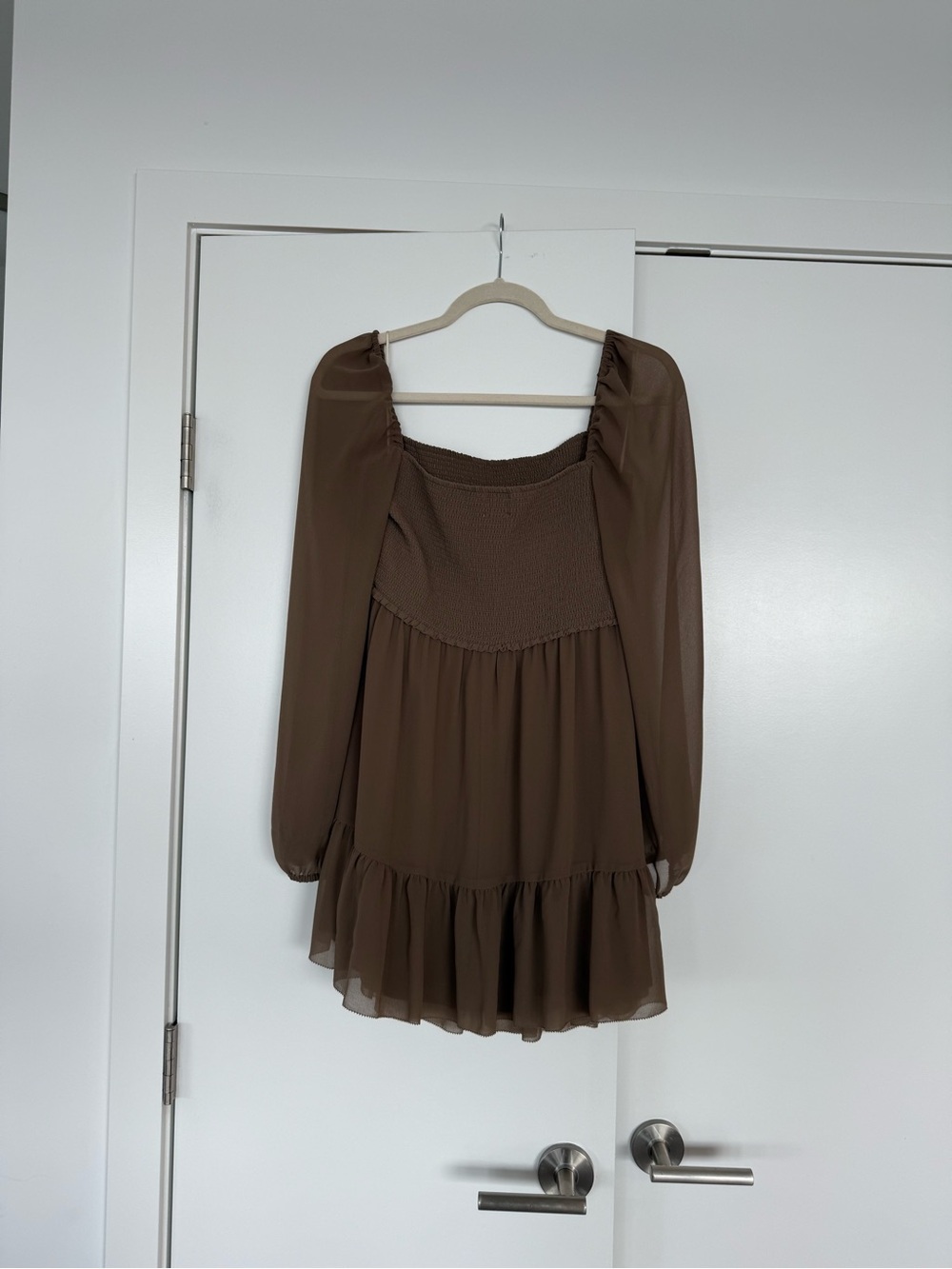 Wilfred Chocolate Brown Smocked Long-Sleeve Mini Dress